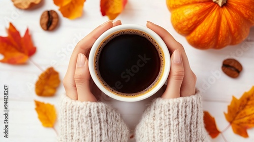 Warm coffee cup held in hands surrounded by autumn leaves and a pumpkin on a white wooden table