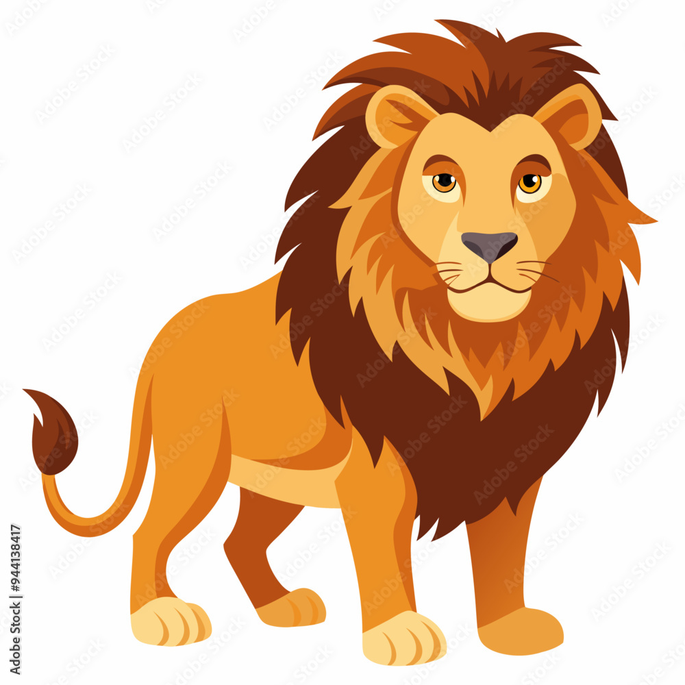 Cartoon Lion with a Majestic Mane Standing on a White Background Cartoon Lion with a Majestic Mane Standing on a White Background