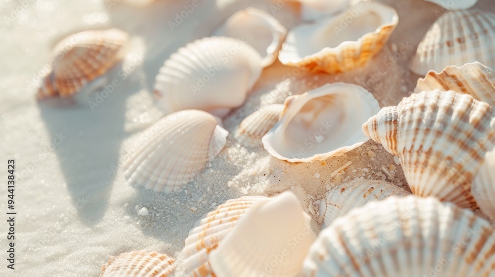 A delicate beach scene featuring a mix of small and large seashells on a pristine sandy backdrop, with natural textures and subtle colors A delicate beach scene featuring a mix of small and large seashells on a pristine sandy backdrop, with natural textures and subtle colors