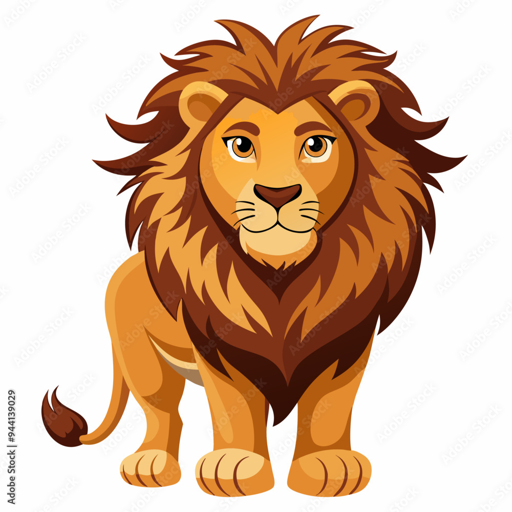 Cartoon Lion with Brown Mane Standing on White Background Cartoon Lion with Brown Mane Standing on White Background