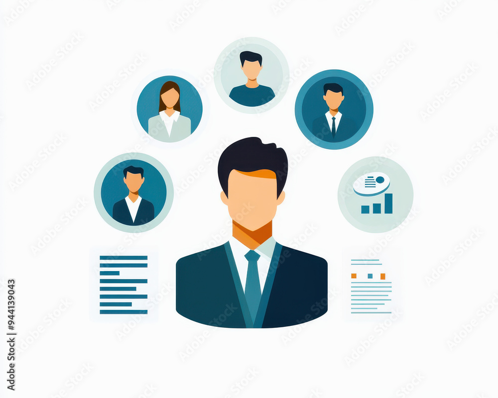 Professional illustration of a businessman surrounded by colleagues, documents, and data, showcasing teamwork in a corporate environment. Professional illustration of a businessman surrounded by colleagues, documents, and data, showcasing teamwork in a corporate environment.