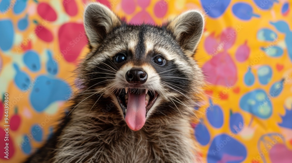 A raccoon sticking its tongue out with a cheeky grin, against a playful background of colorful, exaggerated paw prints and playful doodles. A raccoon sticking its tongue out with a cheeky grin, against a playful background of colorful, exaggerated paw prints and playful doodles.