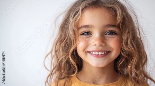 A young girl with long brown hair and a yellow shirt is smiling