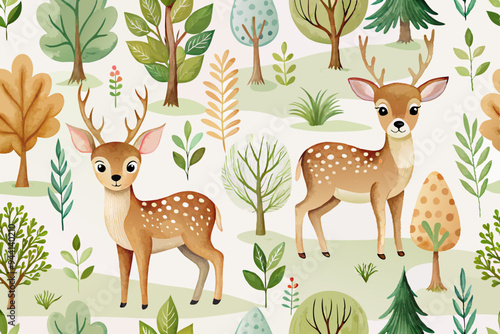 Watercolor Woodland animals seamless pattern. Fabric wallpaper forest with baby deer trees. bird baby animal Nursery backgrouns
