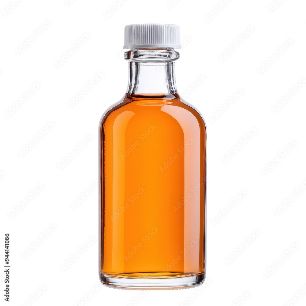 A clear glass bottle containing a vibrant amber liquid, perfect for culinary or beverage applications. A clear glass bottle containing a vibrant amber liquid, perfect for culinary or beverage applications.