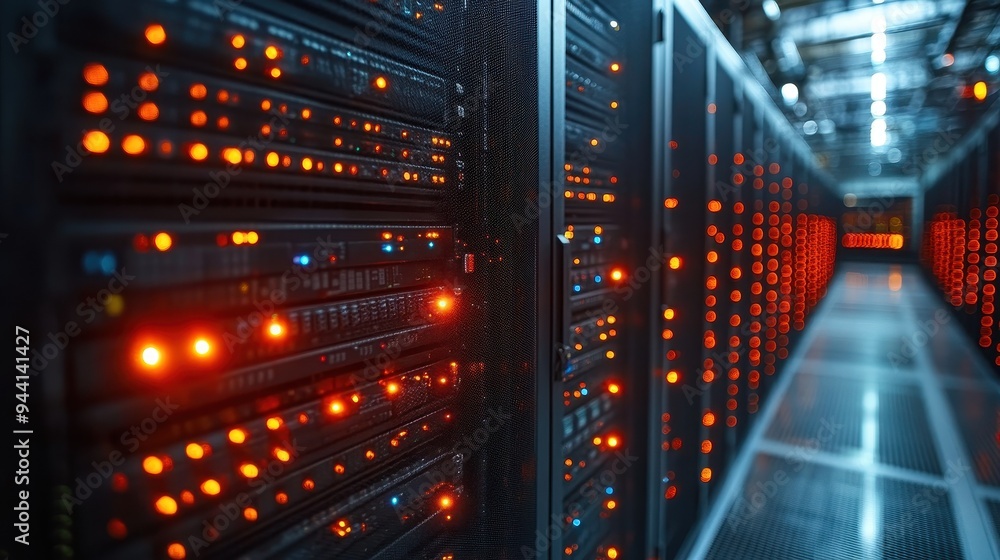 Data center with rows of servers, blinking lights indicating processing Data center with rows of servers, blinking lights indicating processing