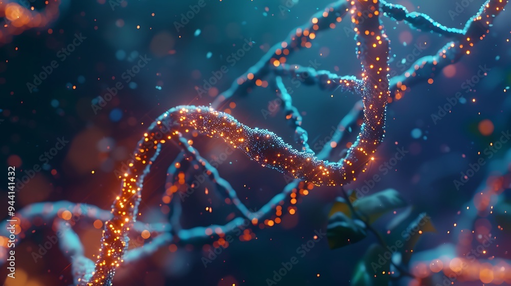 Artistic rendering of a DNA strand with visible nucleotides, photographed in crisp HD detail to highlight its scientific significance Artistic rendering of a DNA strand with visible nucleotides, photographed in crisp HD detail to highlight its scientific significance