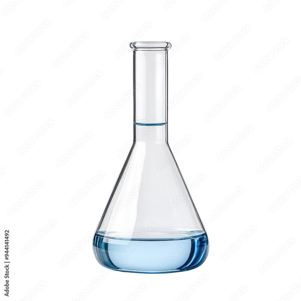 A clear laboratory flask filled with blue liquid, ideal for scientific and educational themes. A clear laboratory flask filled with blue liquid, ideal for scientific and educational themes.