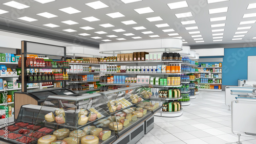 Supermarket interior mockup with shelves of goods, cash desks and refrigerated display cases with cheese. 3d illustration