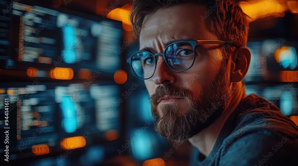 A programmer analyzing complex AI code on multiple screens A programmer analyzing complex AI code on multiple screens
