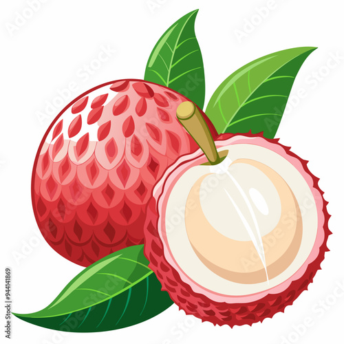 Whole and Halved Lychee Fruit with Green Leaves