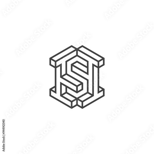 3D Line H and S Letter, Blocks and Woodworking Logo Design Vector