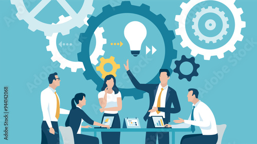 Developing project. The team works on a new project. Business vector illustration