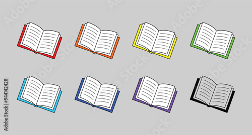 Set of vector open books with color cover and white pages. Red, orange, yellow, green, light blue, blue, purple and black outline