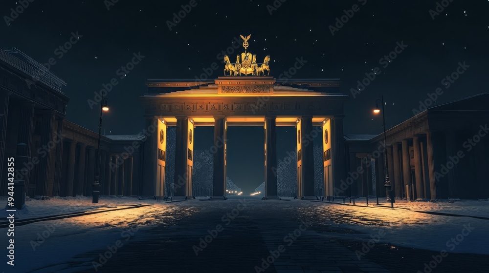 Obraz premium Berlin s Brandenburg Gate, historical landmark at night, 3D illustration