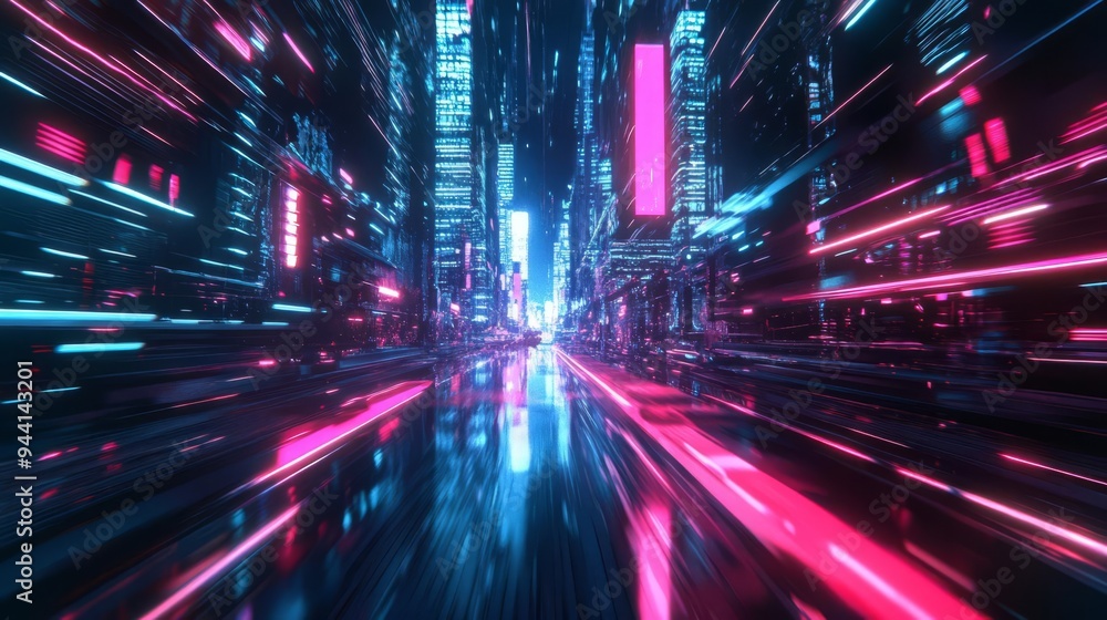 Chase scene through a futuristic city, neon lights reflecting, 3D illustration Chase scene through a futuristic city, neon lights reflecting, 3D illustration