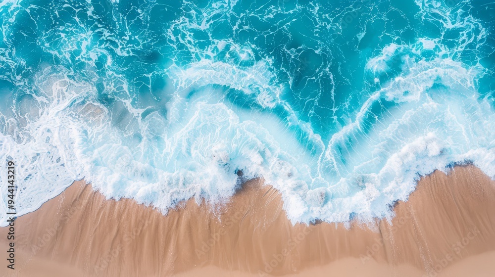 Aerial view of turquoise waves crashing on sandy beach with plenty of copy space in the background Aerial view of turquoise waves crashing on sandy beach with plenty of copy space in the background