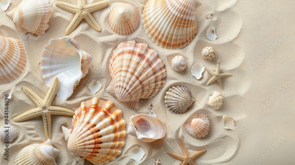 An elegant spread of seashells, including scallops and sand dollars, arranged on a smooth, pale sand background to emphasize their intricate designs An elegant spread of seashells, including scallops and sand dollars, arranged on a smooth, pale sand background to emphasize their intricate designs