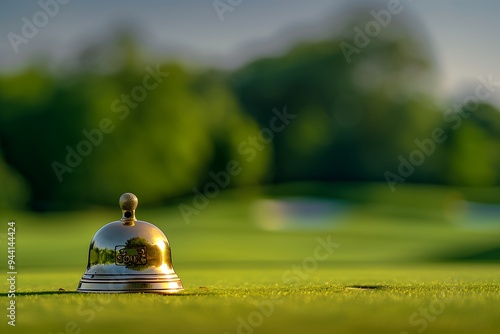 Golden Service Bell on Golf Course Green at Sunrise