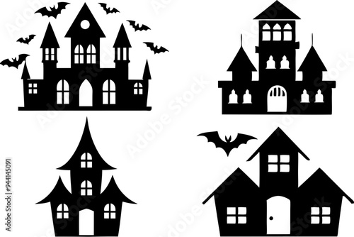 Wallpaper Mural Four silhouettes of spooky houses and bats, perfect for Halloween decor, featuring distinct architectural styles and eerie ambiance Torontodigital.ca