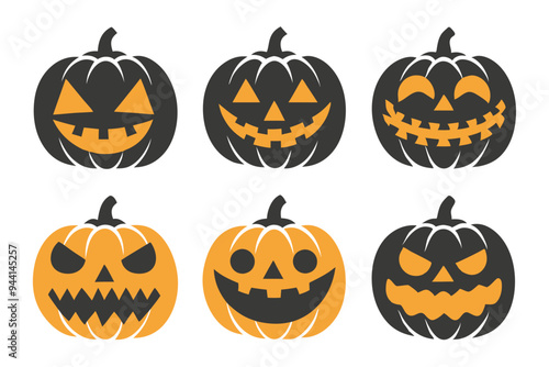 Six Halloween pumpkins with various expressions, including happy, spooky, and mischievous faces in orange and black