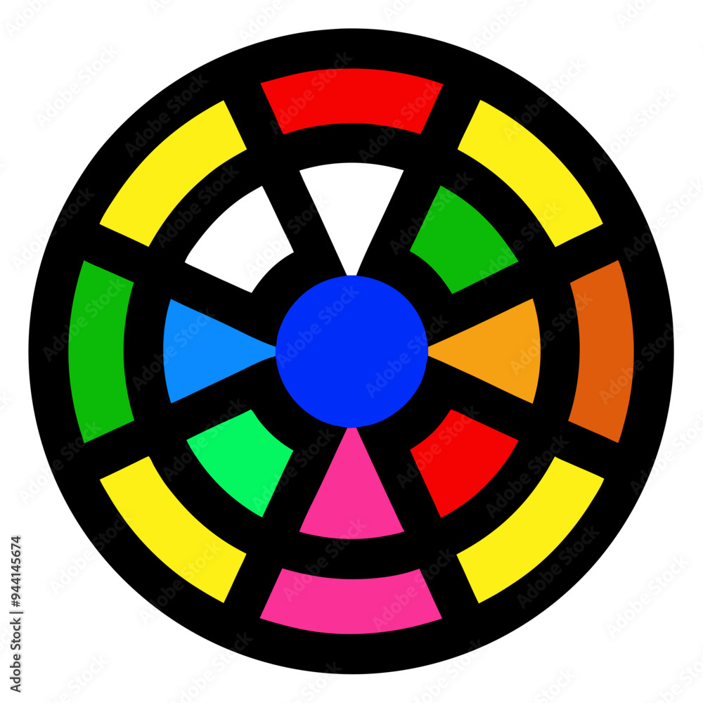 Colorful circular design featuring a blue center surrounded by various colored wedges, including red, yellow, green, pink, and orange Colorful circular design featuring a blue center surrounded by various colored wedges, including red, yellow, green, pink, and orange