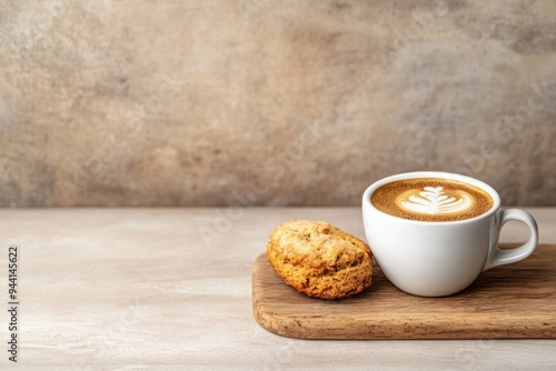 Cappuccino coffee with latte art and a cookie on a wooden board against a beige background-gigapixel-hq-scale-6_00x
