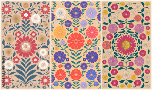 Set of Abstract floral backgrounds, banners, posters with Indian folk ornament. Vintage style Flat vector illustration. 