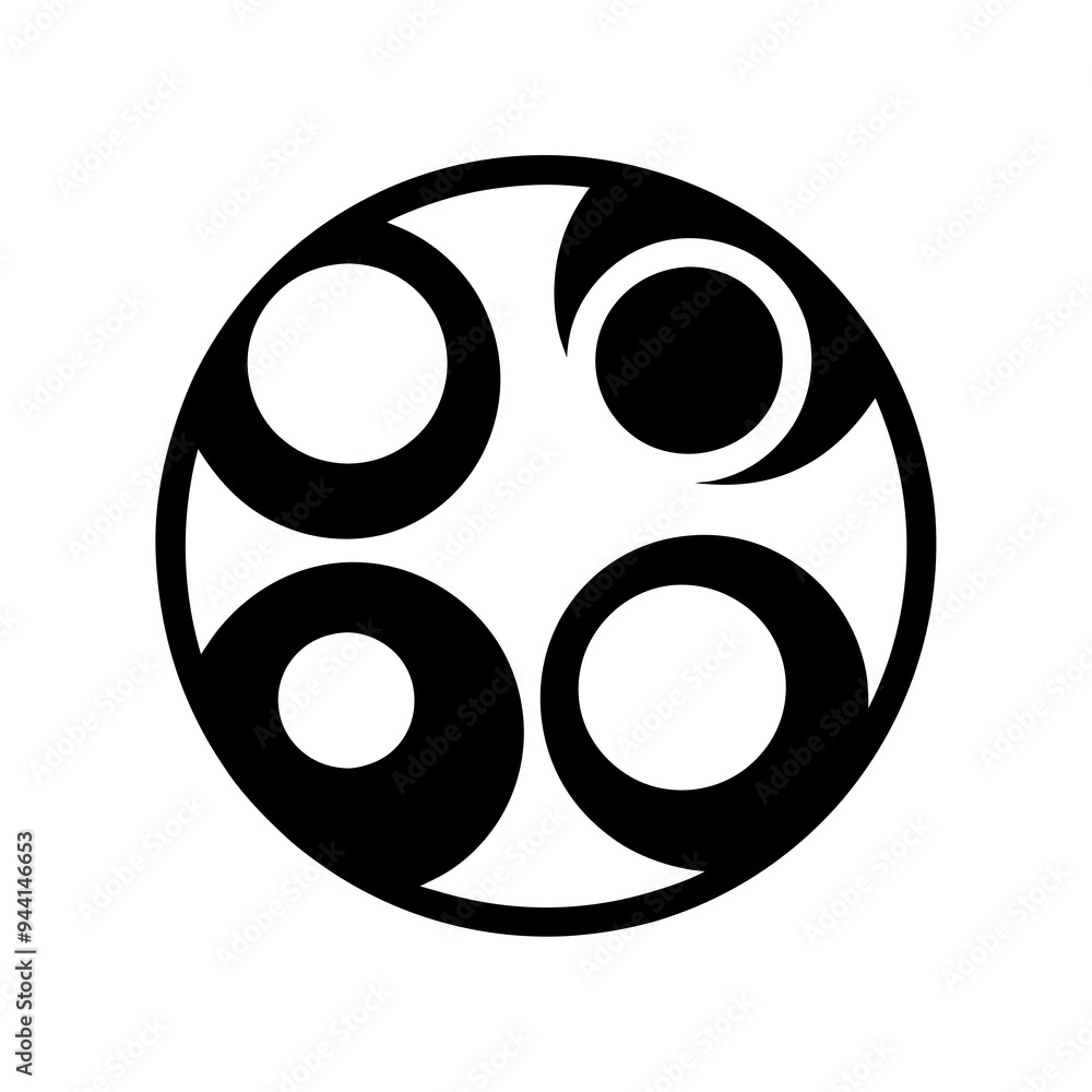 a circular symbol with four black shapes inside it. Each shape resembles a stylized comma or a swirl, and they are evenly spaced around the center of the circle a circular symbol with four black shapes inside it. Each shape resembles a stylized comma or a swirl, and they are evenly spaced around the center of the circle