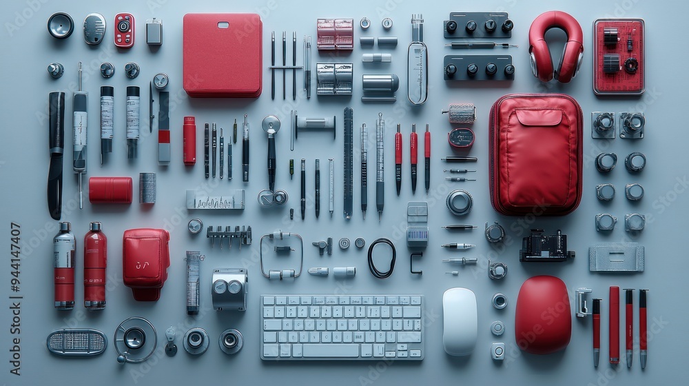 Red and Silver Objects on a Grey Background Red and Silver Objects on a Grey Background