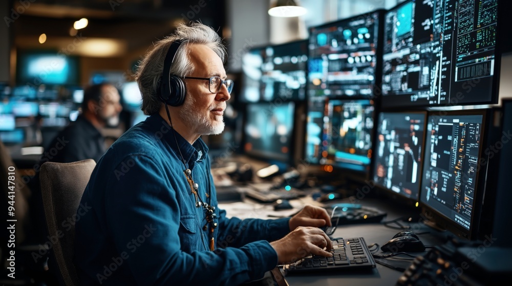 An older man wearing headphones and glasses is working at a computer station with multiple monitors displaying complex data in a monitoring control room. An older man wearing headphones and glasses is working at a computer station with multiple monitors displaying complex data in a monitoring control room.