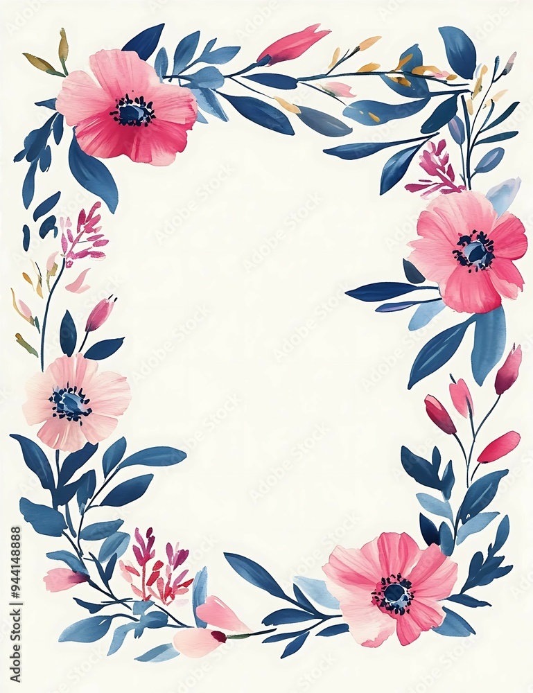 Obraz premium Elegant Floral Frame with Pink and Blue Watercolor Flowers
