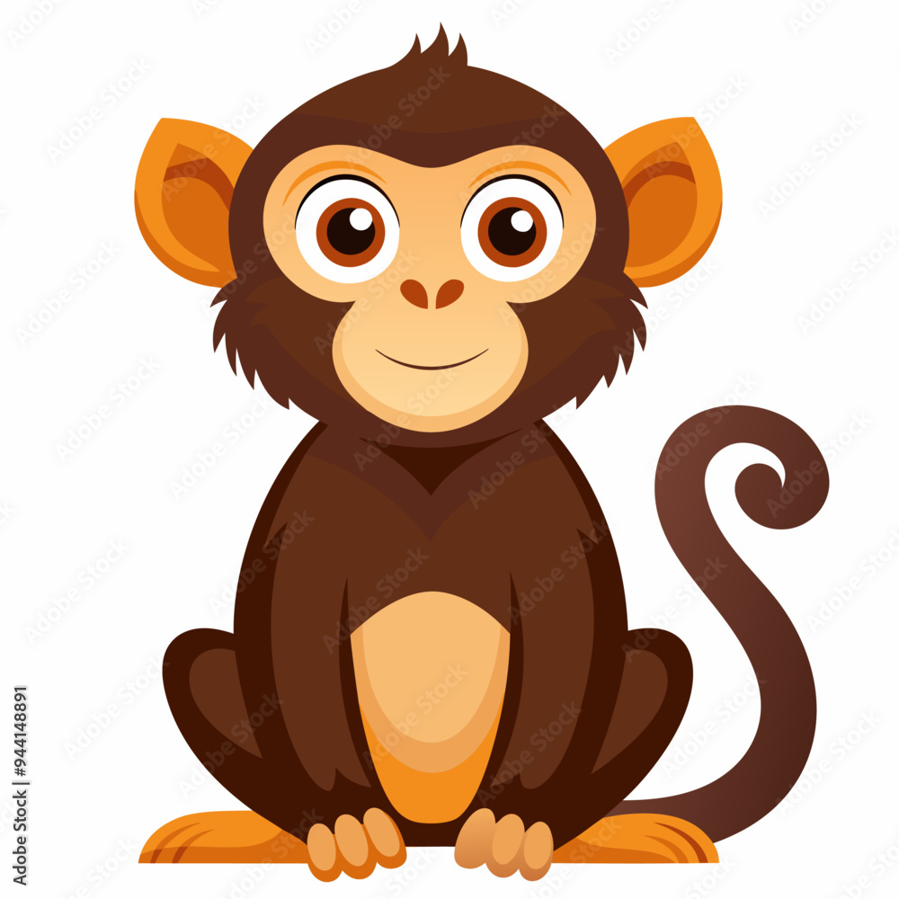 Fototapeta premium A Cartoon Illustration of a Brown Monkey with a Curled Tail, Sitting and Smiling