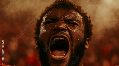 realistic screaming happy beautiful tanned male soccer fan wearing a soccer jersey in black and yellow tones while holding a smartphone in the air in the middle of the field of a soccer stadium,