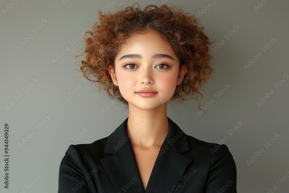 Portrait of a Young Woman with Curly Hair in a Black Blazer Portrait of a Young Woman with Curly Hair in a Black Blazer