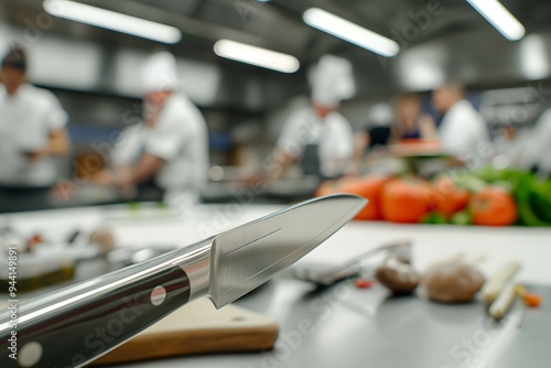 The chef's knife is prominently featured in the foreground, while students engage in food preparation during a lively cooking class in a professional kitchen setting