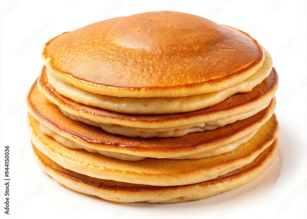 Golden-brown pancake with fluffy texture and slight sheen, isolated on a clean white background, invitingly lit to showcase its airy and mouthwatering appeal. Golden-brown pancake with fluffy texture and slight sheen, isolated on a clean white background, invitingly lit to showcase its airy and mouthwatering appeal.