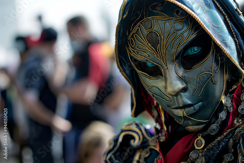 A unique costume is presented at a lively cosplay event, where fans admire creativity and craftsmanship. The atmosphere buzzes with excitement and energy