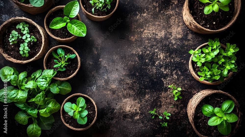 Flat lay of potted plants, tinted in green and brown soil, sprouting seedlings in pots made from paper, top view, close-up shot, macro photography, soft lighting, rustic style background, natural colo Flat lay of potted plants, tinted in green and brown soil, sprouting seedlings in pots made from paper, top view, close-up shot, macro photography, soft lighting, rustic style background, natural colo