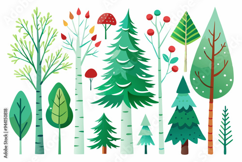 Scandinavian Watercolor natural set of green trees, birch and pine, mountain ash, forest. Winter vintage collection isolated on white background. Woodland design elements
