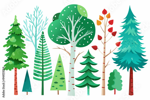 Scandinavian Watercolor natural set of green trees, birch and pine, mountain ash, forest. Winter vintage collection isolated on white background. Woodland design elements
