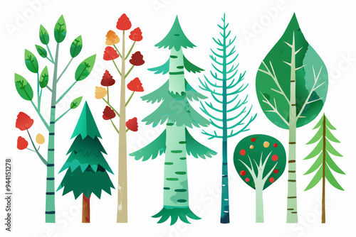 Scandinavian Watercolor natural set of green trees, birch and pine, mountain ash, forest. Winter vintage collection isolated on white background. Woodland design elements
