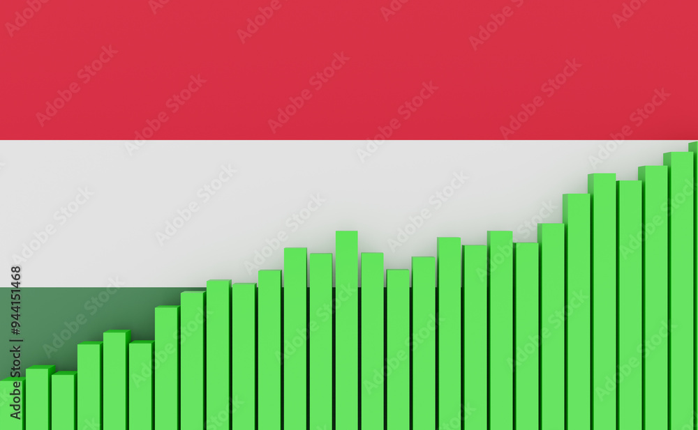 Hungaria, rising bar chart with Hungarian flag. Emerging economy, growth. Positive development of GDP, jobs, productivity, real estate prices, retail sales or rising industrial production. Hungaria, rising bar chart with Hungarian flag. Emerging economy, growth. Positive development of GDP, jobs, productivity, real estate prices, retail sales or rising industrial production.