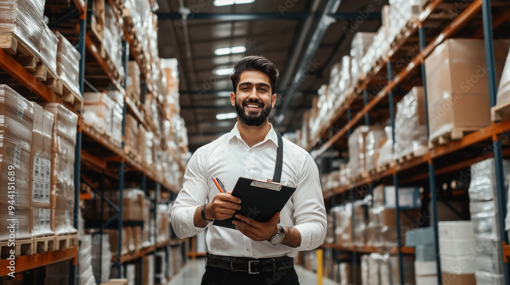 Smiling warehouse worker holding a clipboard and pen, standing among shelves filled with boxes and packages. Smiling warehouse worker holding a clipboard and pen, standing among shelves filled with boxes and packages.
