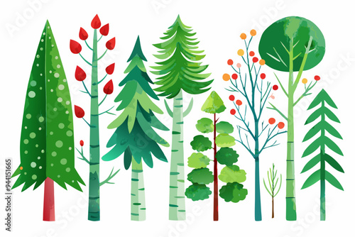 Scandinavian Watercolor natural set of green trees, birch and pine, mountain ash, forest. Winter vintage collection isolated on white background. Woodland design elements
