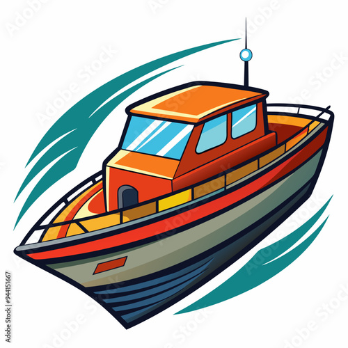 Red and Gray Cartoon Boat with Teal Swirls