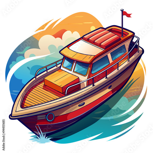 Red and White Motorboat on Blue Water with Sun in Background