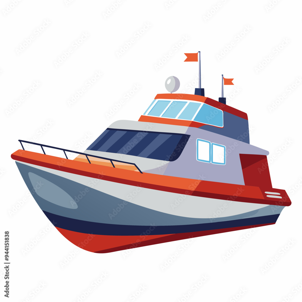 Red and Gray Motorboat with Flags and Antenna Red and Gray Motorboat with Flags and Antenna