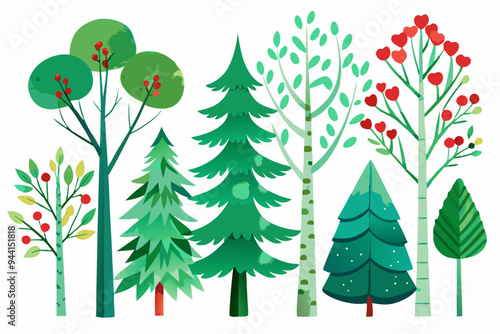 Scandinavian Watercolor natural set of green trees, birch and pine, mountain ash, forest. Winter vintage collection isolated on white background. Woodland design elements
