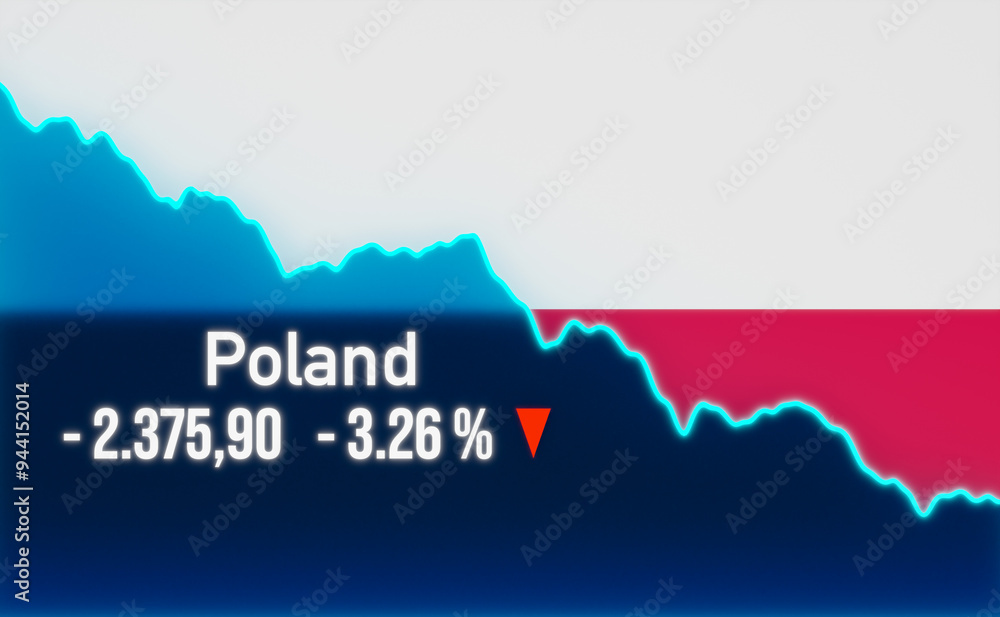 Obraz premium Poland stock market down. Falling chart with Polish flag. Bear market, recession, stock market crash, negative trend, weak business, investment, trading, loss.